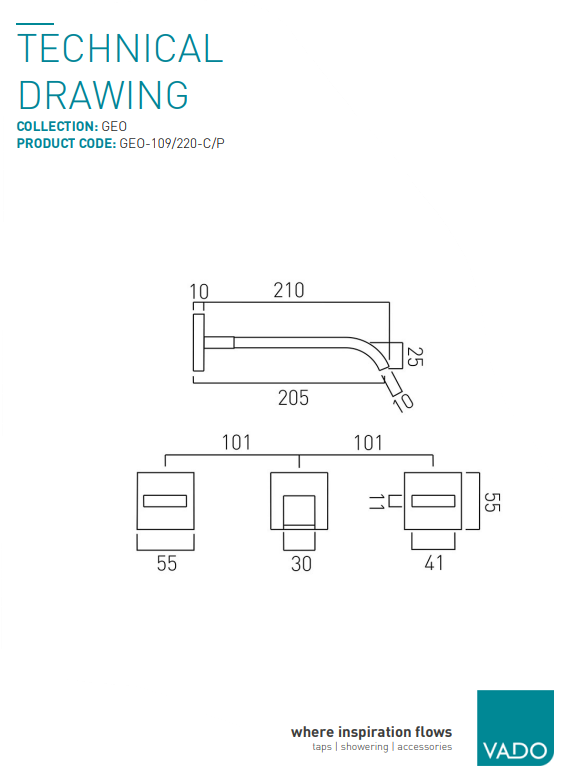 VADO GEO WALL MOUNTED BASIN MIXER TAP 220MM SPOUT TAP £275 - RRP £595