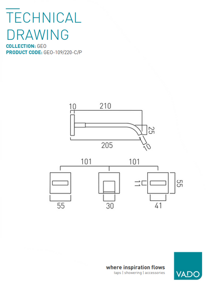 VADO GEO WALL MOUNTED BASIN MIXER TAP 220MM SPOUT TAP £275 - RRP £595