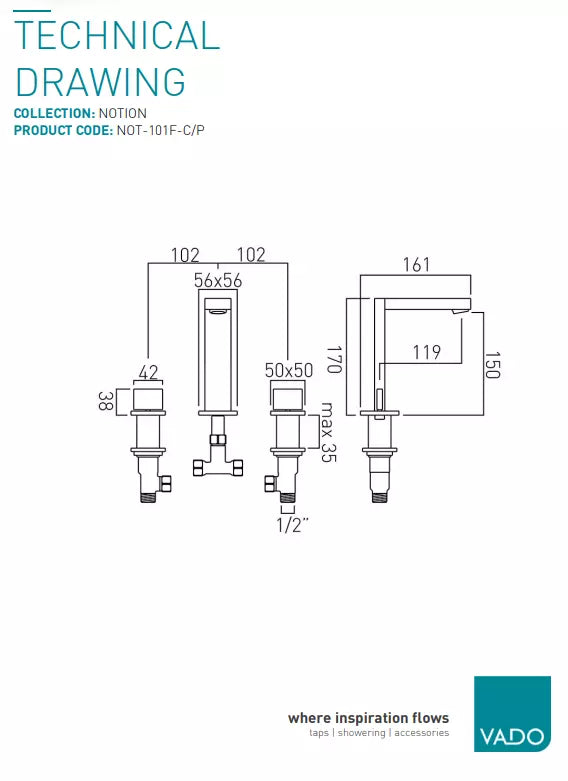 VADO NOTION 3 HOLE DECK MOUNTED BASIN MIXER & POP UP WASTE £275 - RRP £525