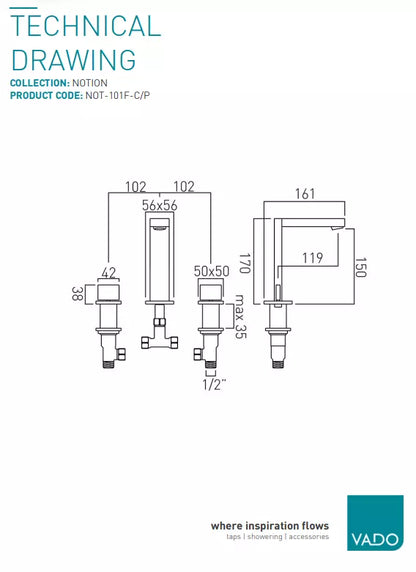 VADO NOTION 3 HOLE DECK MOUNTED BASIN MIXER & POP UP WASTE £275 - RRP £525