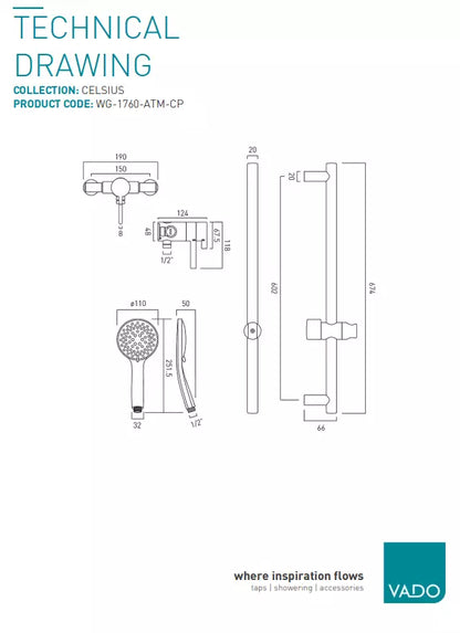 VADO CELSIUS EXPOSED THERMOSTATIC SHOWER & SHOWER KIT CHROME £265 - RRP £395